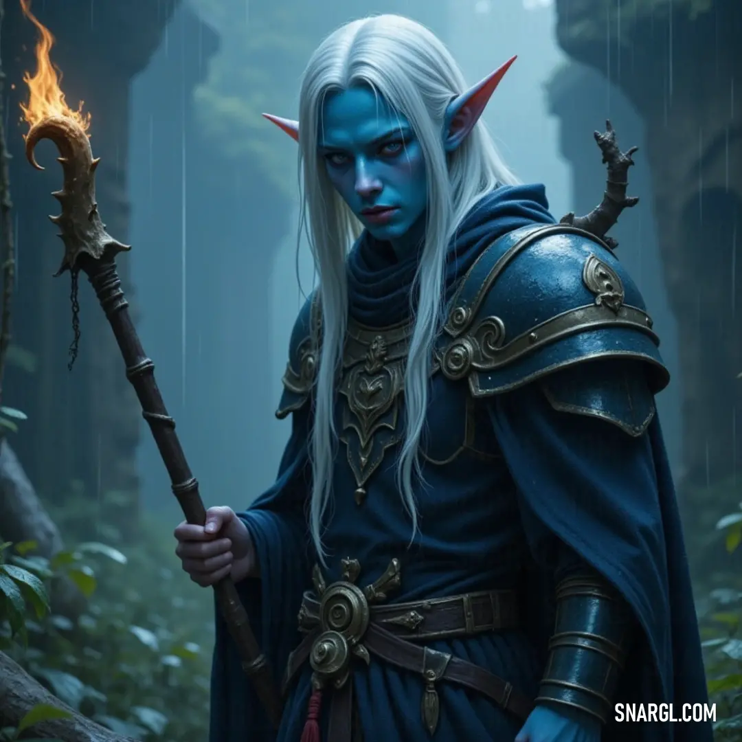 In a verdant forest brimming with life, Zantalar Nightshade, clad in vivid blue, holds a fiery stick with intent focus. Surrounded by lush greenery and whispering leaves, he appears as a guardian of the forest, ready to ignite the magic within nature.