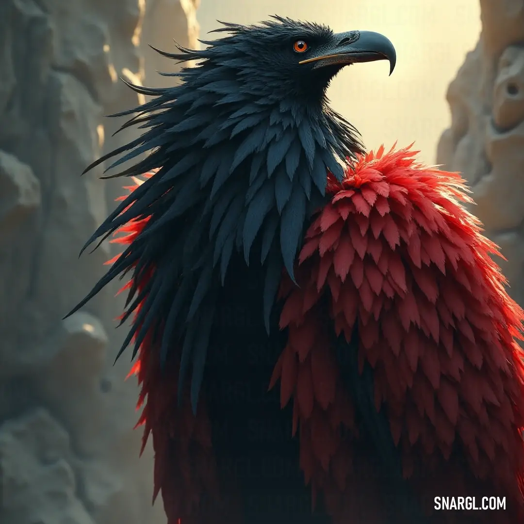 Fierce Zapdos in vibrant red and black feathers, poised against a dramatic background. A striking Zapdos with vivid red and black feathers, its fierce black beak contrasting against bright orange eyes, exuding an aura of power and majesty as it perches proudly against a dramatic stormy sky.