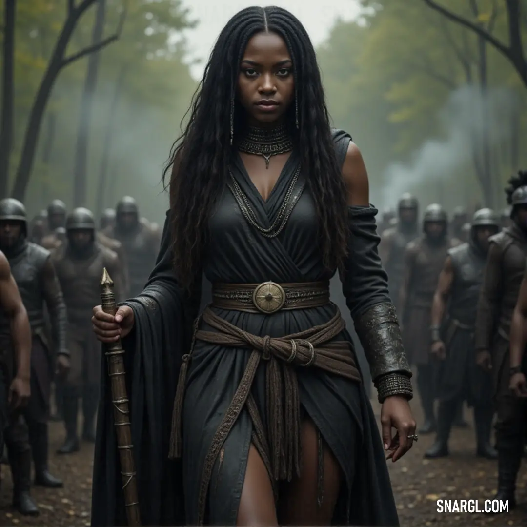 Zara in a fierce black dress with a sword, standing strong among a group of armored men, embodying unity and courage in the face of adversity. Zara stands in a striking black dress, holding a sword firmly in her hand while a group of armored men stand behind her. The powerful imagery of Zara and her companions evokes a sense of unity and unwavering courage.
