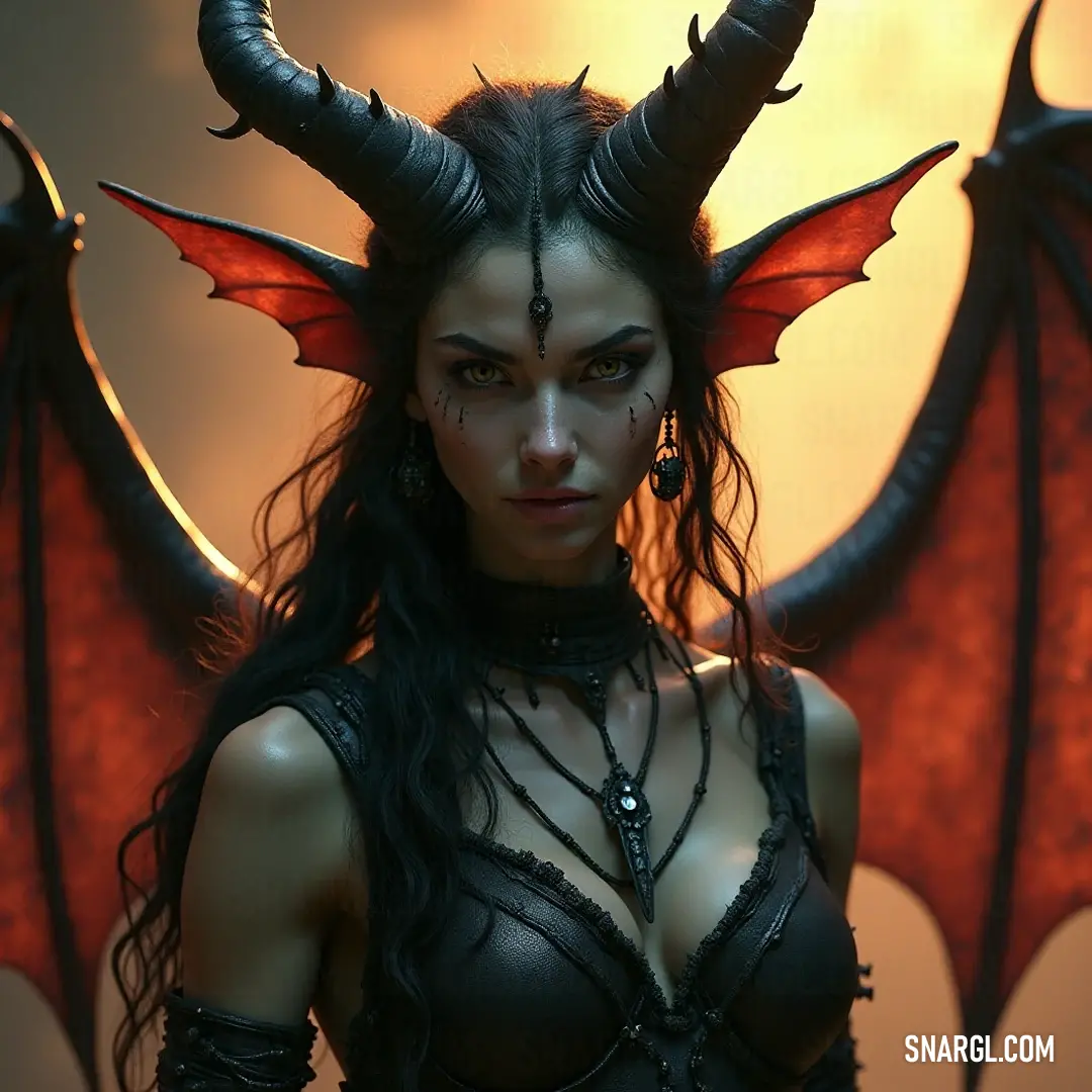 In a mesmerizing pose, a figure with horns and dragon-like wings flaunts a unique charm, radiating a blend of fierceness and grace, captivating all who gaze upon her unconventional beauty.