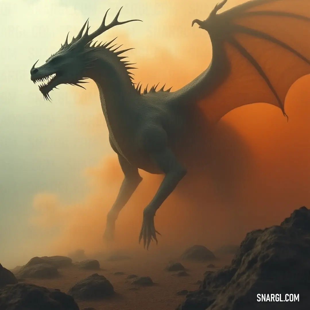 Zarathustra, with large wings, stands boldly on rocky ground, framed by an intense orange sky and rugged landscape. Zarathustra, with massive wings, stands on a rocky surface as the sky behind him glows bright orange. The rocky terrain adds to the raw, untamed energy of this striking scene.
