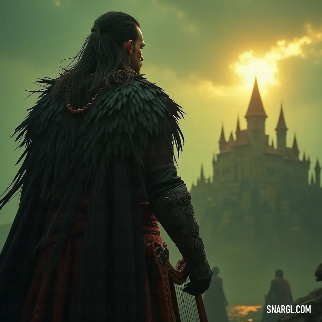 A dashing figure in a bold black and red ensemble stands before a grand castle, holding a harp that resonates with the melodies of forgotten tales and noble heritage. In front of an ancient castle, a charismatic figure clad in a striking black and red outfit holds a harp, as the intricate architecture looms in the background, merging the realms of music and nobility into a narrative of grace and majesty.