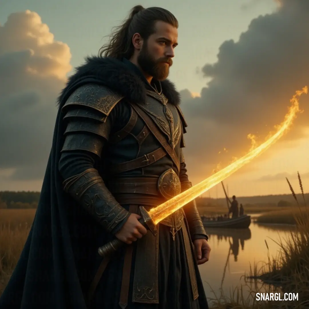 A noble knight in medieval garb holds a sword aloft at sunset by a serene lake, where golden hues reflect off the water, weaving a tapestry of adventure and valor. Against a stunning lake at sunset, a gallant figure in medieval attire brandishes a sword, the golden reflections on the water harmonizing with the vibrant sky, as a distant boat glides peacefully, evoking tales of chivalry and valor on the horizon.