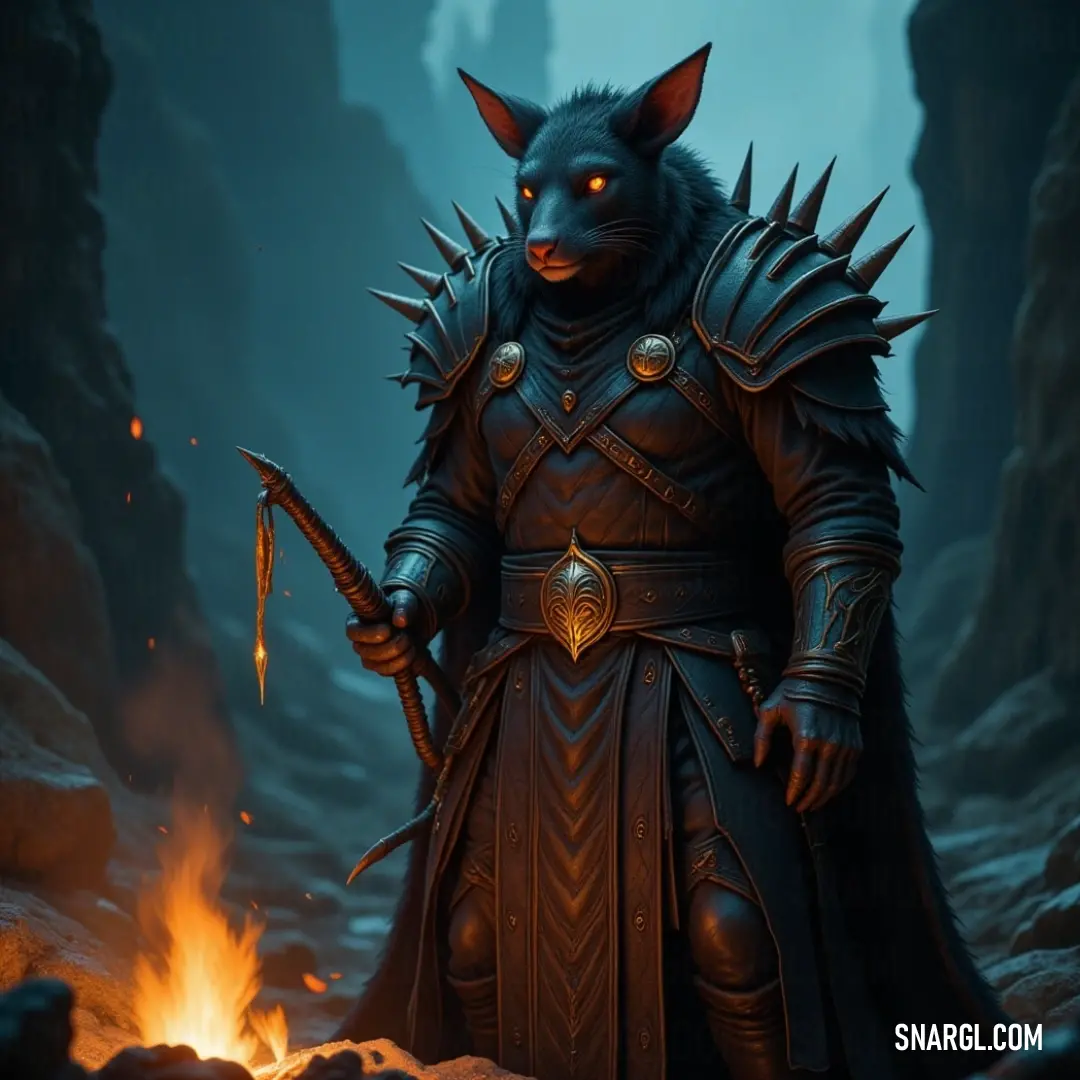 Zarg, in full battle armor with a sword in hand, faces a fire-breathing creature in a shadowy cave filled with danger. Zarg, armored and holding a sword, stands before a cave filled with ominous fire and glowing eyes. The atmosphere is charged with intensity as the fiery creature's presence grows stronger, casting a sinister shadow.