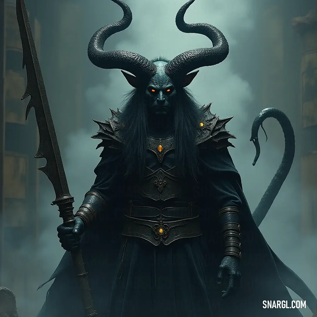 A fierce warrior, characterized by impressive horns, grips a sword confidently against a striking backdrop, symbolizing strength and resilience as they stand poised for any challenge. A bold figure showcasing a strong horned presence clutches a sword with conviction. The backdrop highlights dynamic elements, emphasizing their power and readiness for action, encapsulating a spirit of valor and bravery.