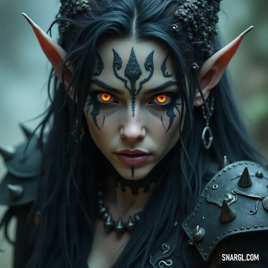 A striking figure with exquisite black hair and mesmerizing orange eyes, adorned with a horned headpiece, emanates an enchanting aura that captivates all who gaze upon her. A striking figure with exquisite black hair and mesmerizing orange eyes, adorned with a horned headpiece, stands gracefully. The enchanting gaze and regal presence suggest a deep connection with otherworldly elements.