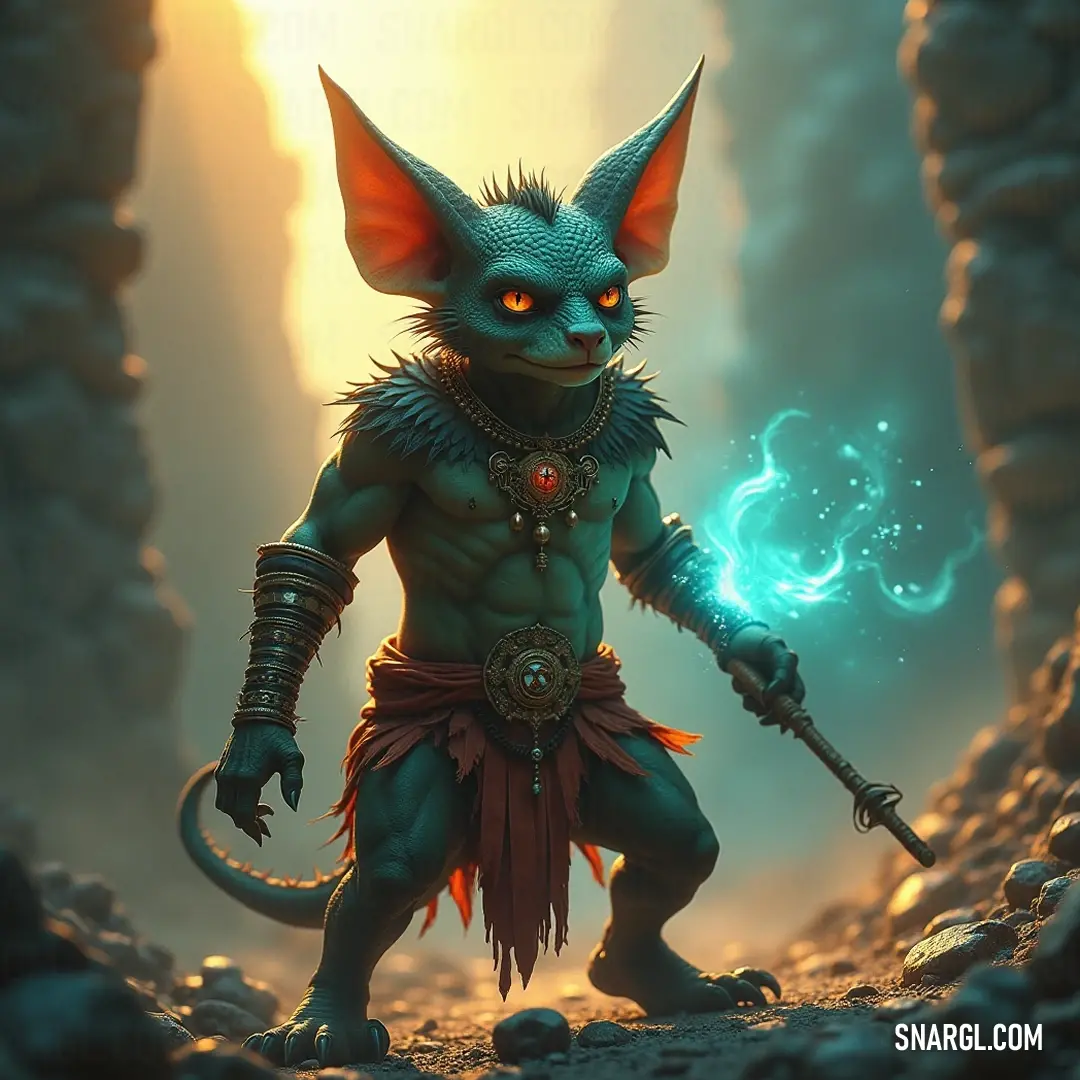 Zarn stands resolute, eyes glowing with a mystical green light, wielding a staff in the depths of a cave where shadows dance, evoking a sense of power and ancient wisdom in a fantastical realm.