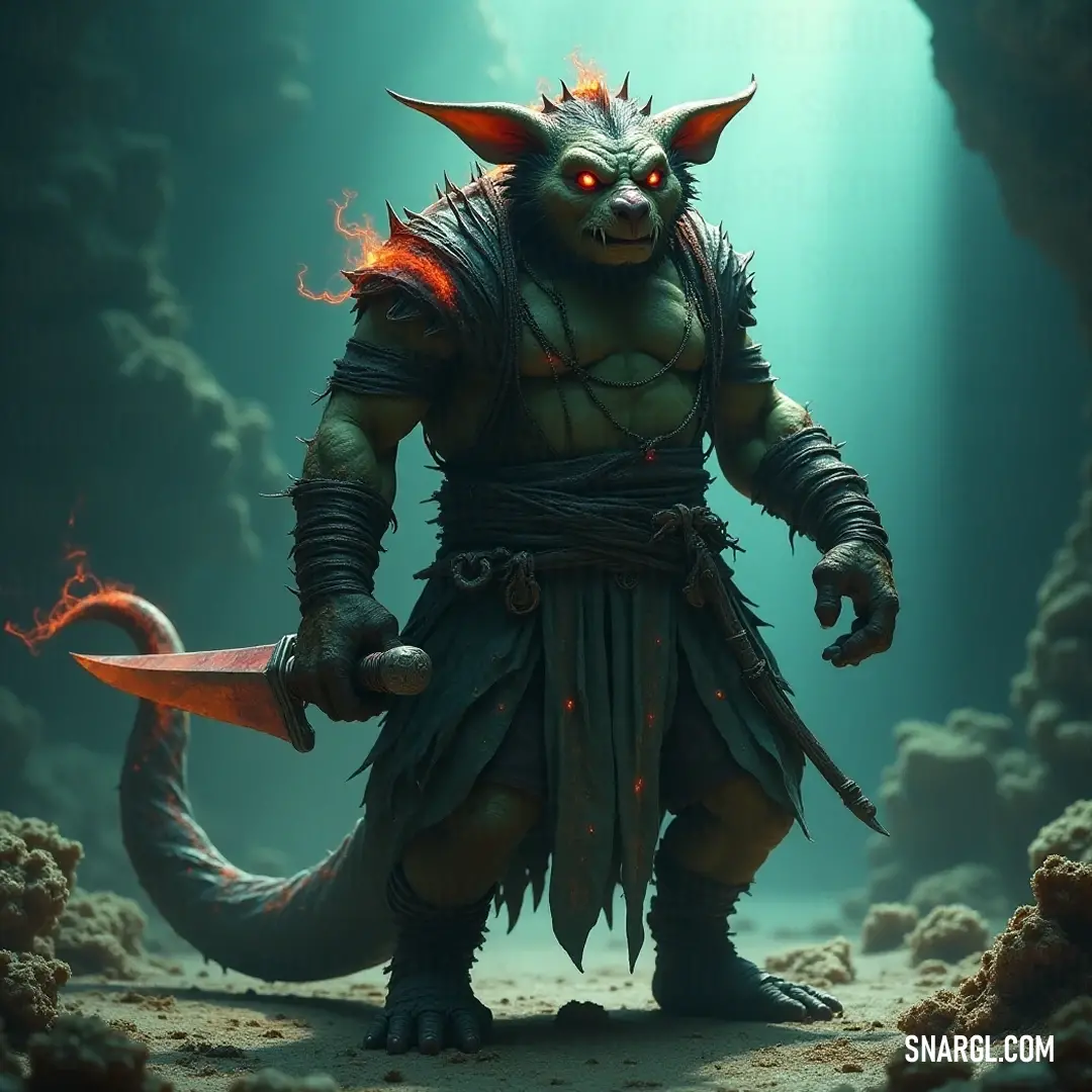 A fierce warrior named Zarnak wielding a gleaming sword, stands imposing in a dimly lit cave. A mystical light radiates from above, casting shadows on his textured demon-like body, hinting at an epic battle that lies ahead.