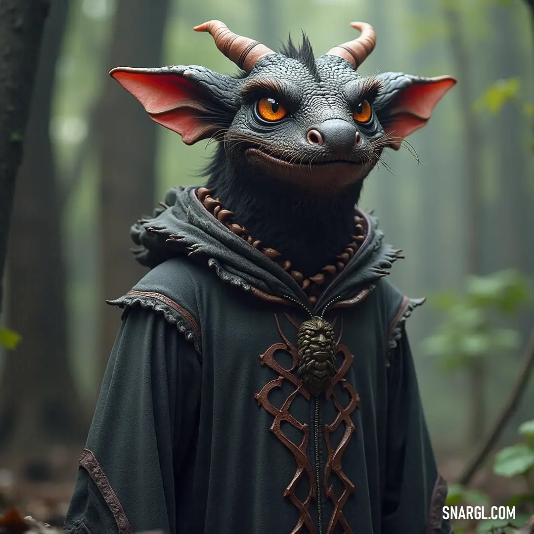 Majestic Zarr with horns in a tranquil forest setting, surrounded by trees and gentle sunlight. A mystical Zarr clad in a dark hood stands amidst towering trees, adorned with lush green leaves, as dappled sunlight filters through the foliage to highlight his majestic horns.