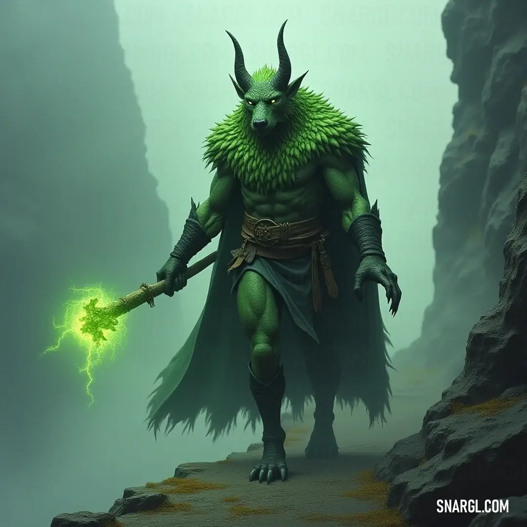 A mystical green Zarr with horns holding a glowing green light in a rocky cave, surrounded by ancient whispers and shadows. A mystical green creature, the Zarr, adorned with majestic horns and illuminating a cave with a green light in its hand, stands against a rugged rock face, hinting at hidden secrets within its shadowy domain.