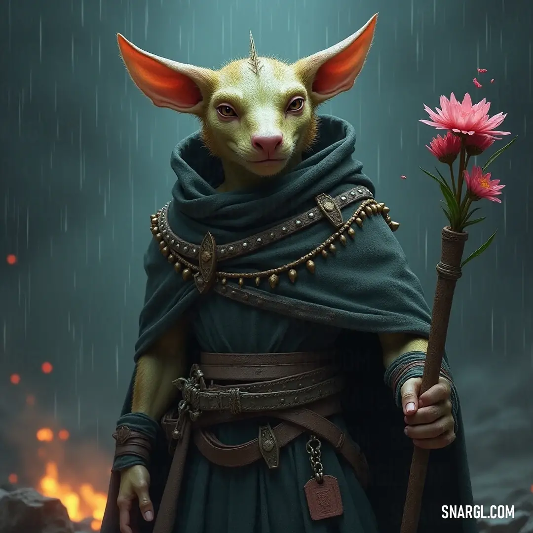 A charming painted portrayal of a dog donning a whimsical costume, tenderly clasping a flower with its paw, evokes a sense of joy and innocence in a delightful and colorful setting.