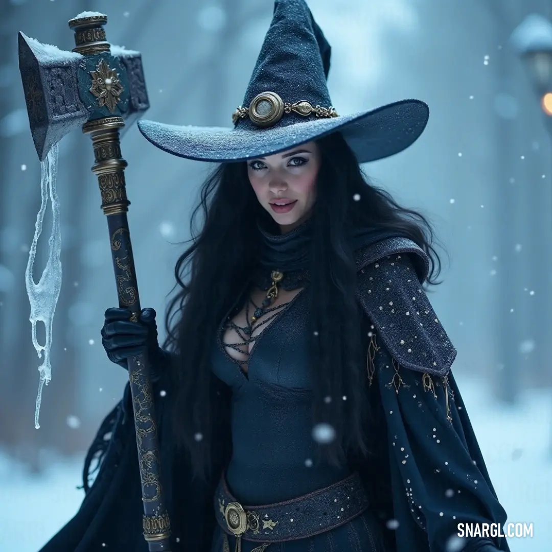 A witch holding a staff, surrounded by snow, stands still as the winter landscape falls gently around her, radiating an aura of mystery and magic. A mysterious figure clad in a witch’s costume stands in the snow, holding a staff as snowflakes drift around her. Her presence is strong yet graceful, blending with the wintery atmosphere of the day.