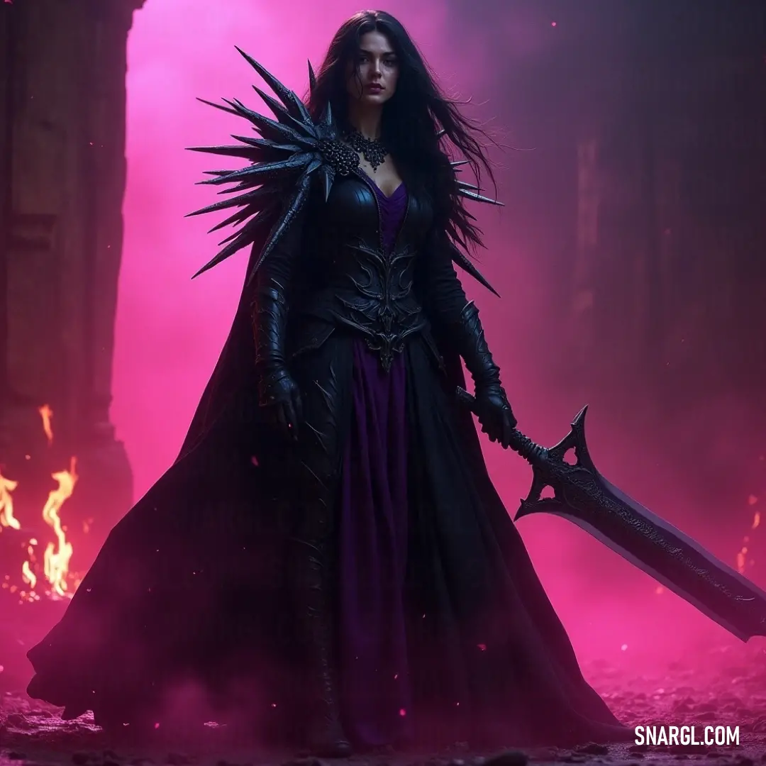 An enigmatic warrior in a purple gown wielding a sword, bathed in soft pink light. A shadowy figure cloaked in an elegant purple dress clutches a sword, standing stoically in a dimly lit chamber adorned with soft pink lights that cast an ethereal glow, suggesting an air of mystery and strength.