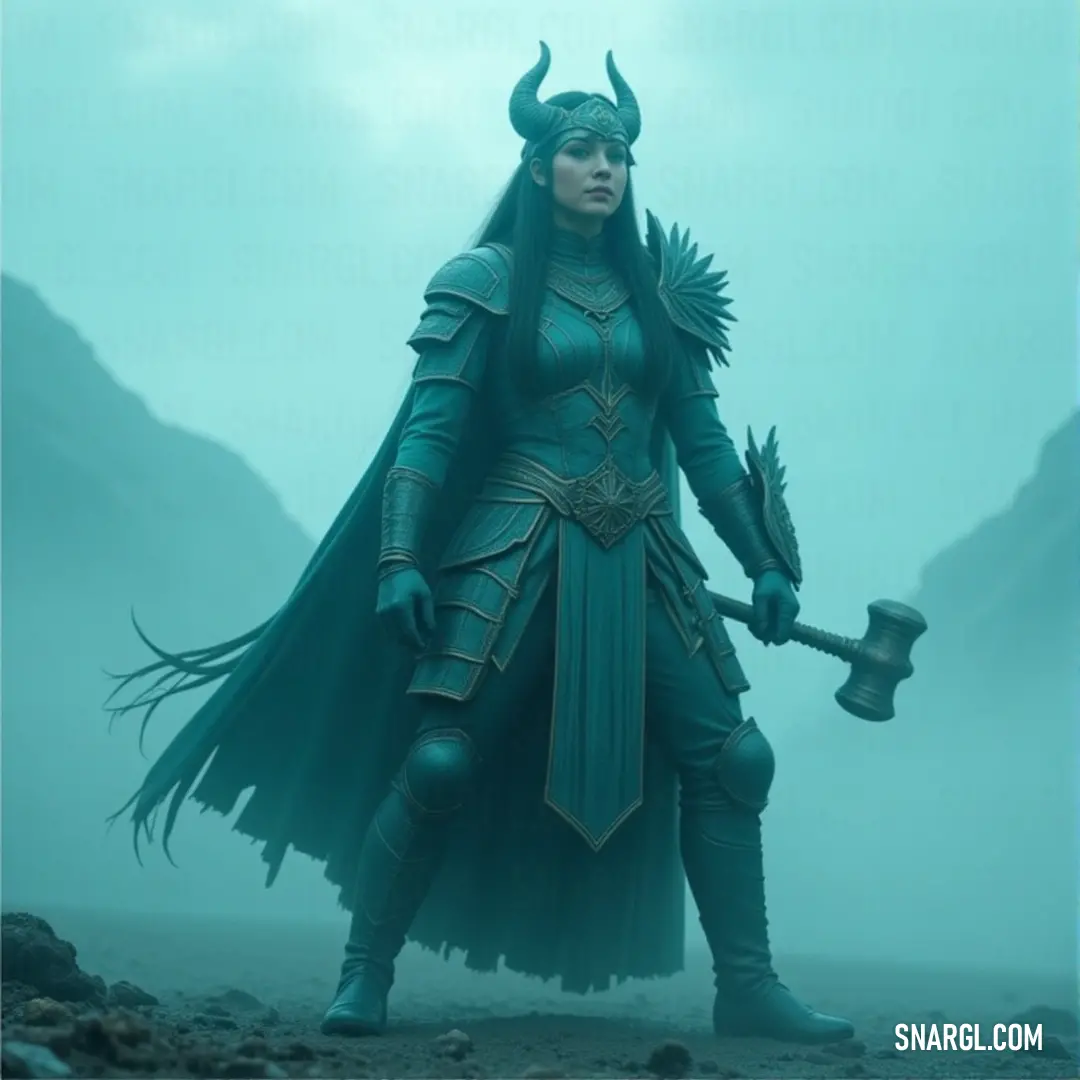 A fierce warrior in green costume holding a hammer, standing strong in a misty realm A powerful woman, dressed in a striking green costume, grips a hammer in one hand while the other holds a second weapon, her stance firm in a fog-covered landscape.