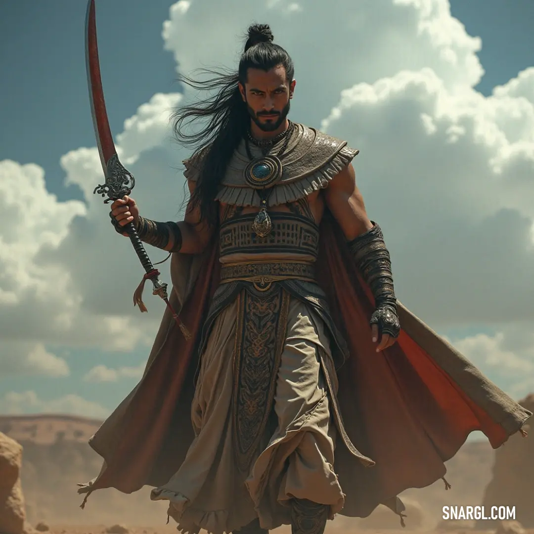A warrior stands valiantly in the desert, holding a sword against a backdrop of expansive sands and a breathtaking sky, symbolizing resilience and courage. A figure stands bravely in a vast desert, wielding a sword against a backdrop of endless sand and a striking sky, representing the battle between determination and the harshness of the environment.