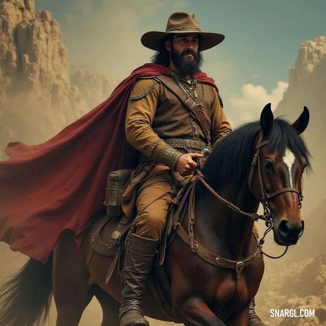 A gallant character in a striking red cape rides through a stunning desert landscape, accompanied by majestic mountains, symbolizing adventure and bravery. A heroic figure adorned in a vivid red cape rides a majestic horse through an enchanting desert landscape filled with towering mountains, unraveling the story of adventure, strength, and the quest for glory.