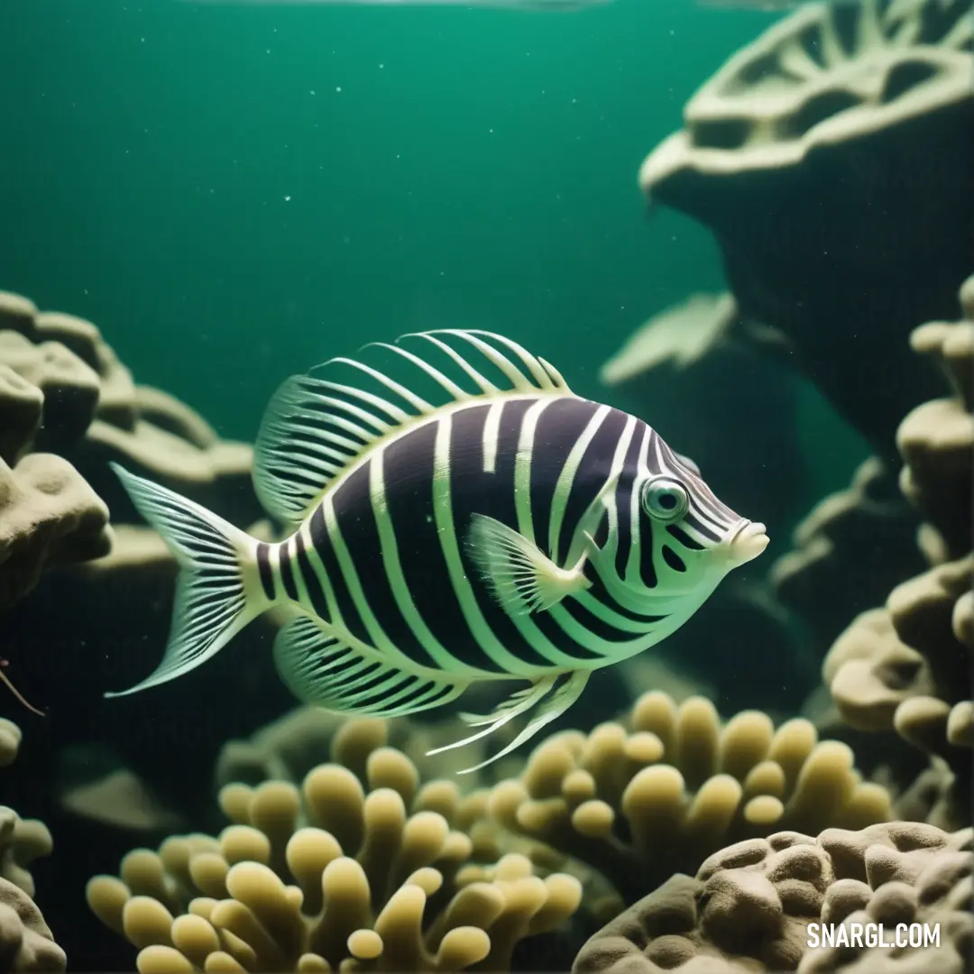 Fish that is swimming in some water near some corals and sponges on the water surface,