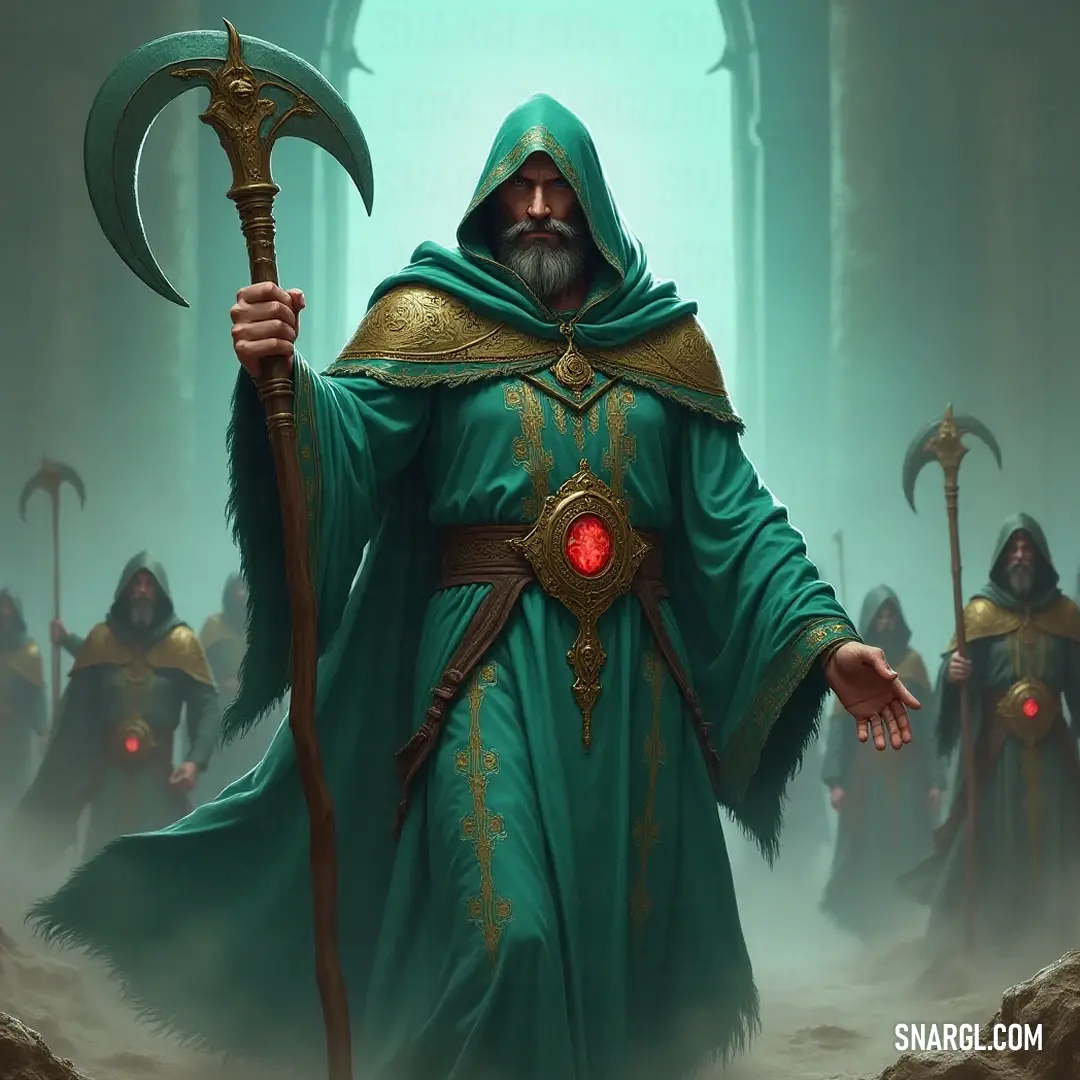 A mystical figure clad in a flowing green robe holds a shimmering sceptacle in an otherworldly mist, symbolizing ancient wisdom and power surrounded by an aura of mystery. Wrapped in a flowing green robe, a mystical figure holds a shimmering sceptacle in a mist-laden landscape, embodying wisdom and power as ethereal fog swirls around him, veiling the secrets of ancient magic.