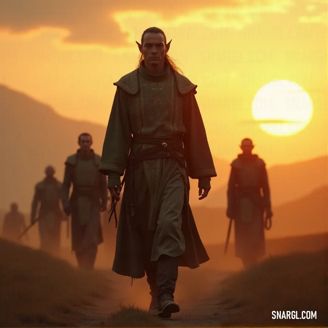 A group of men walks down a dirt road at sunset, their figures shadowed by the warm hues of the sky, conveying a sense of unity and purpose on their journey ahead. A group of men strides down a dusty dirt road at sunset, their silhouettes outlined against the vibrant colors of the sky. The scene evokes a sense of camaraderie and purpose, with the road ahead representing an uncertain but promising future.