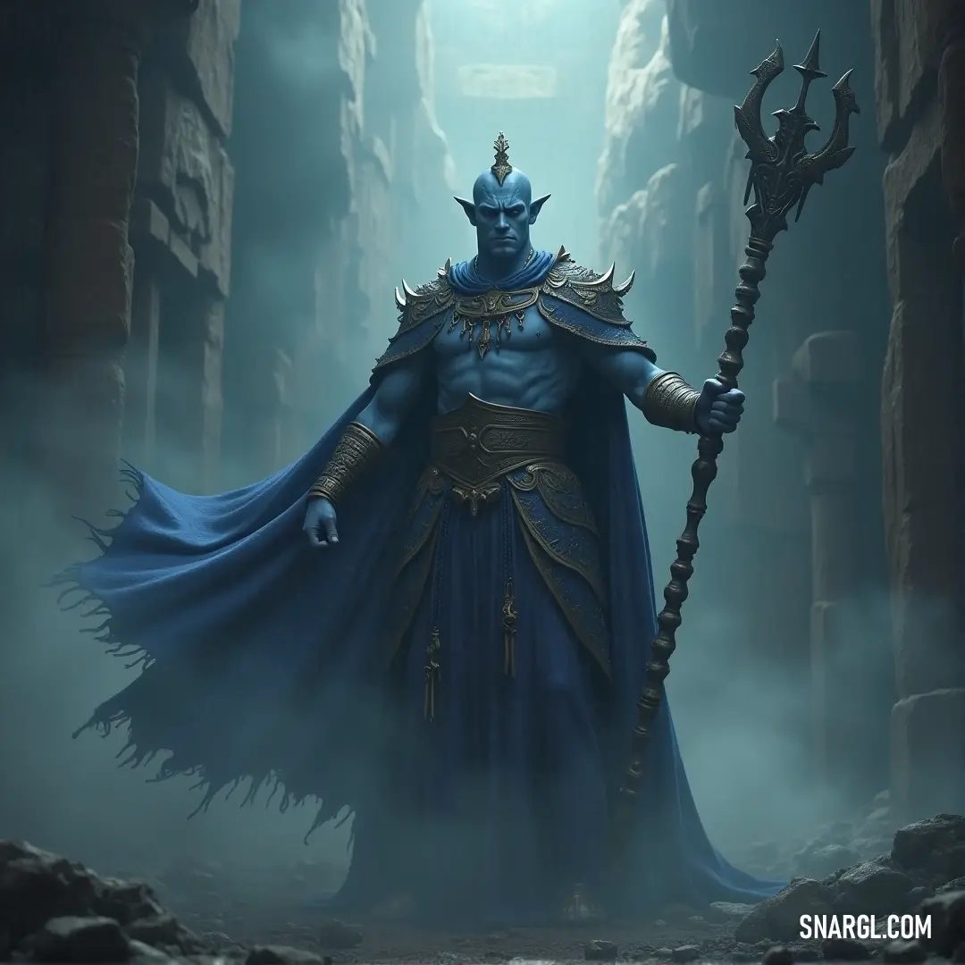 Zepar in a blue costume stands in a fog-filled alleyway, his staff glowing as he navigates the eerie, shadowy surroundings. Zepar, dressed in a striking blue costume, stands in a shadowy, fog-filled alleyway, holding a glowing staff. His enigmatic gaze pierces the mist, creating an aura of mystery as the fog swirls around him, enhancing the eerie, dangerous atmosphere.