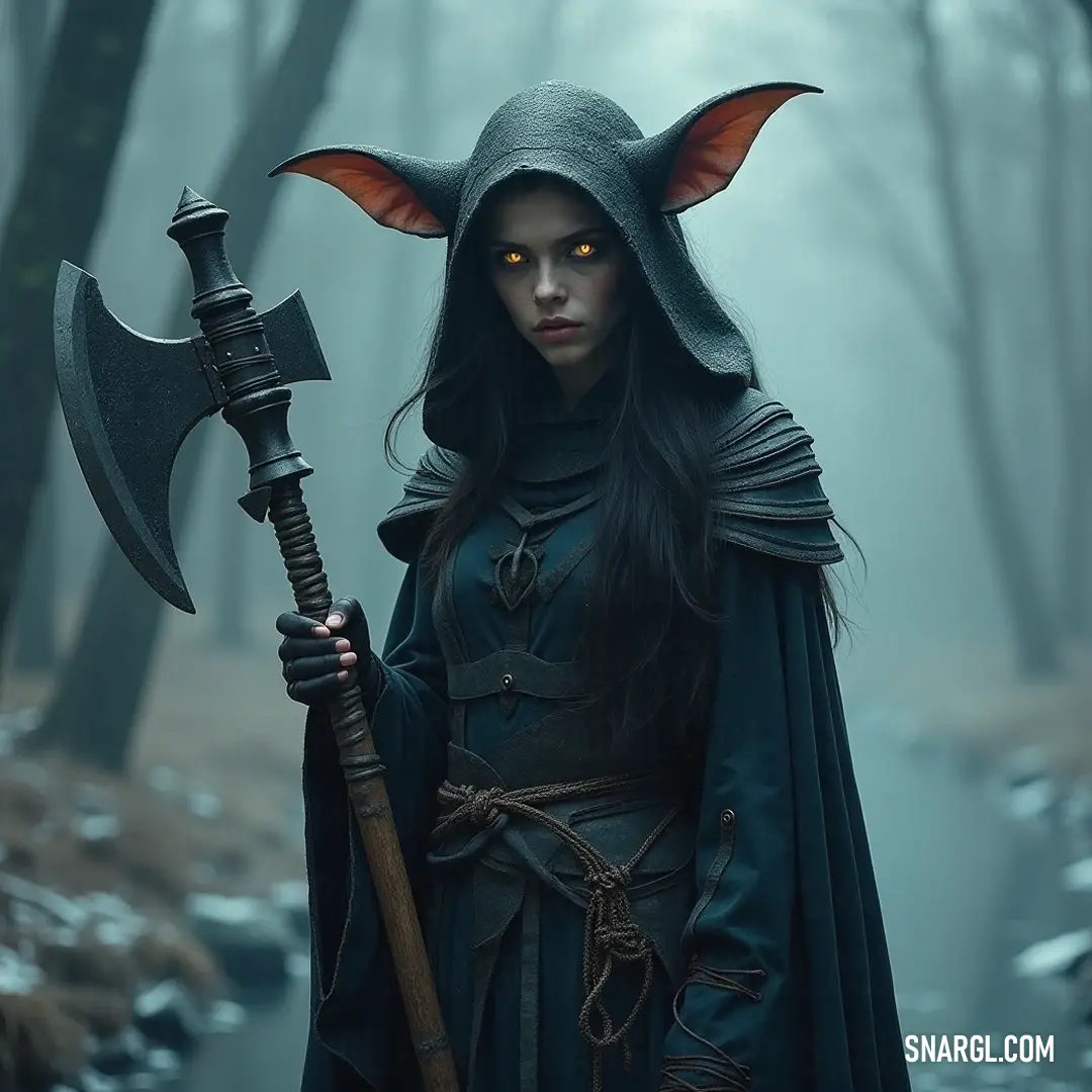 A resolute figure in dark attire poses with a large axe among the misty trees, inviting tales of bravery and mystery. A dark-clad warrior stands ready in the midst of a foggy forest, wielding a formidable axe that reflects the haunting beauty of their surroundings, embodying the spirit of adventure and the thrill of the unknown in this shadowy realm.