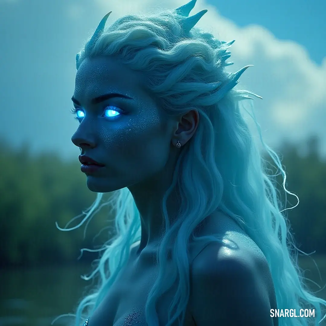 A striking image of a figure with blue eyes and horns, standing regally in front of a picturesque lake, framed by lush trees and natural beauty, capturing a moment of connection with nature.