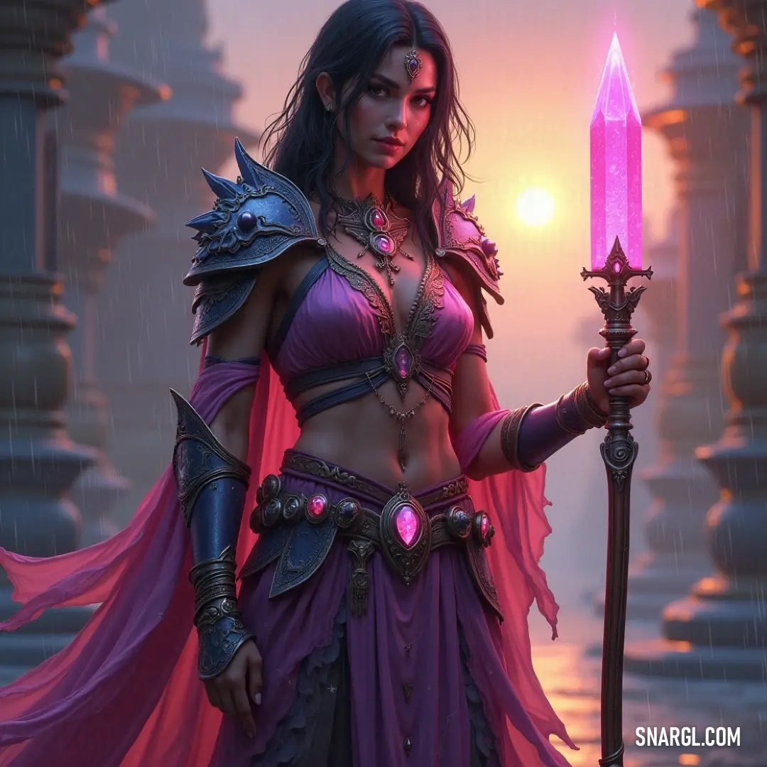 Amid shimmering hues, a figure in a purple dress wields a pink sword and glowing orb, illuminating the surroundings with vibrant energy. A striking figure in a vibrant purple dress holds a radiant pink sword and glowing orb, casting a magical aura in a world filled with color and enchantment.