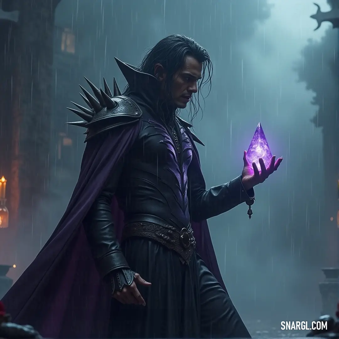 A shadowed figure in a dark costume holds a glowing purple object in his hand, standing resolute in the pouring rain. A dark figure, wearing a sleek costume, stands in the pouring rain, clutching a glowing purple object in his hand. The rain intensifies the somber mood, adding an air of mystery and determination to the scene.