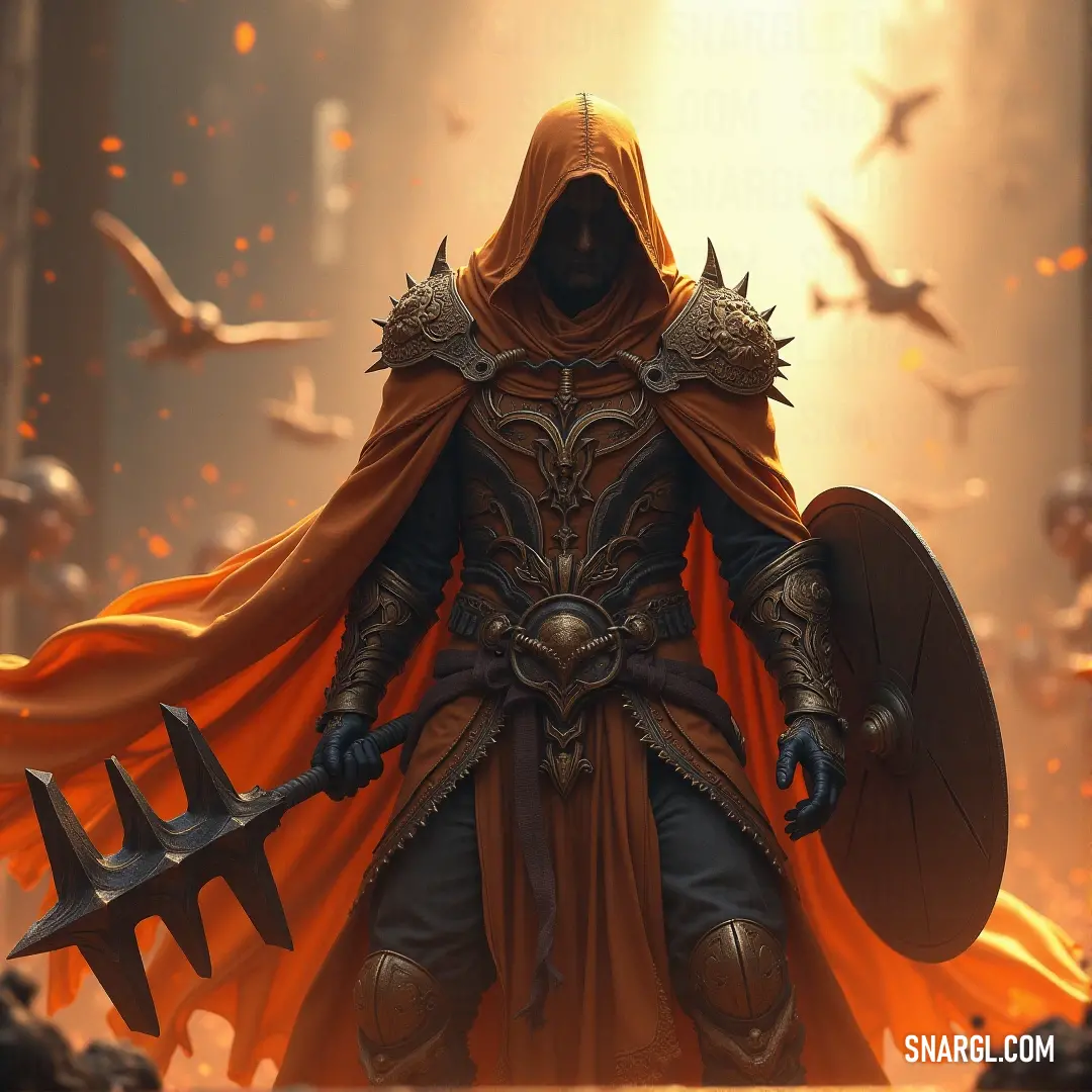 A figure in a hooded cloak, armed with a sword and shield, stands in a desert, birds flying above as the sun sets behind him. A cloaked figure, sword and shield at the ready, stands in a vast desert landscape. Birds soar overhead as the sun casts a fiery glow across the barren terrain, highlighting his unwavering stance in the face of the harsh environment.
