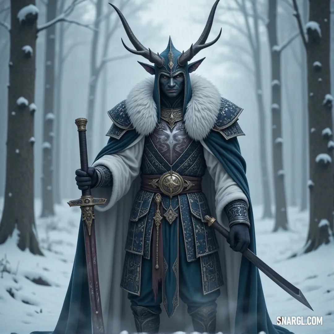 A figure in a horned costume, armed with twin swords, stands amidst a snowy forest, surrounded by trees and a blanket of snow. A warrior dressed in a horned costume, holding twin swords, stands in the heart of a snow-covered forest. The crisp winter air, trees dusted in snow, and a still silence around him signal his readiness for whatever may come.