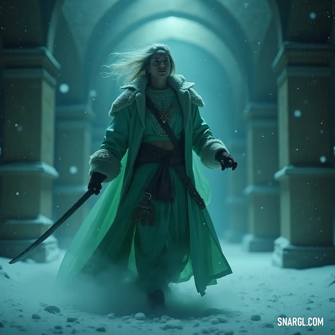 A brave young warrior in green steadies herself in a snow-laden tunnel, sword in hand, illuminated by a mystical light. Dressed in a striking green outfit, a warrior girl stands poised in a snow-covered tunnel, gripping a sword tightly as a radiant light pierces the darkness, showcasing her courage and determination.