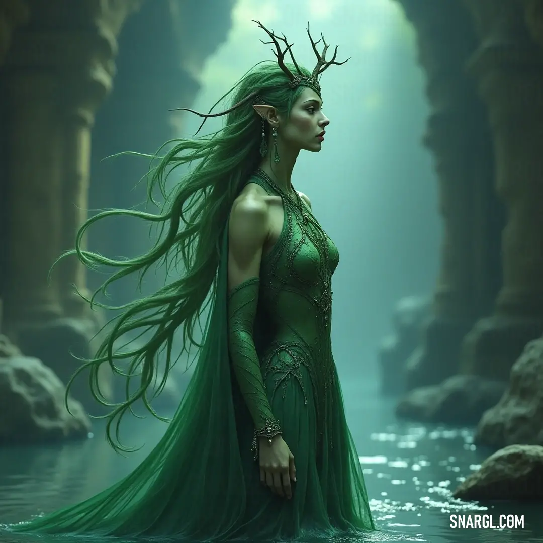 In tranquil waters, a serene figure in a graceful green dress stands tall, her crown glistening, harmonizing with the enchanting surroundings and embodying the deep connection between beauty and tranquility. A serene figure with long hair adorned in a flowing green dress stands gracefully in tranquil waters, her crown gleaming as she becomes one with the enchanting environment, reflecting strength in serenity and elegance.