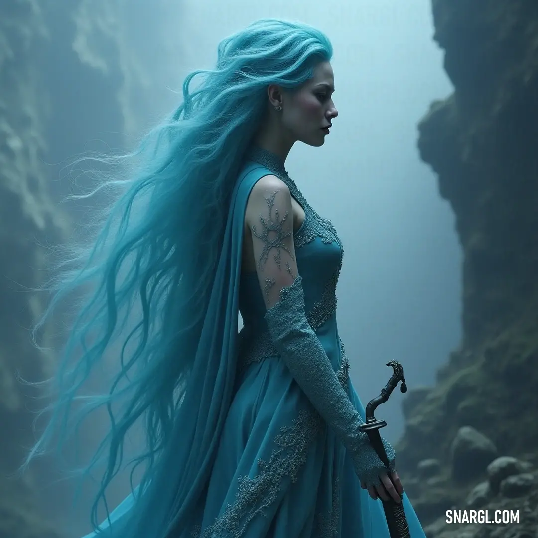 In a mysterious cave backdrop, a captivating figure with flowing blue hair holds a sword, her silhouette against the majestic mountains illustrating the spirit of adventure and courage embedded in nature. Bathed in ethereal light, a strong figure with long blue hair holds a sword, positioned within a cave, as great mountains loom in the background, representing the rugged beauty of adventure and courage.