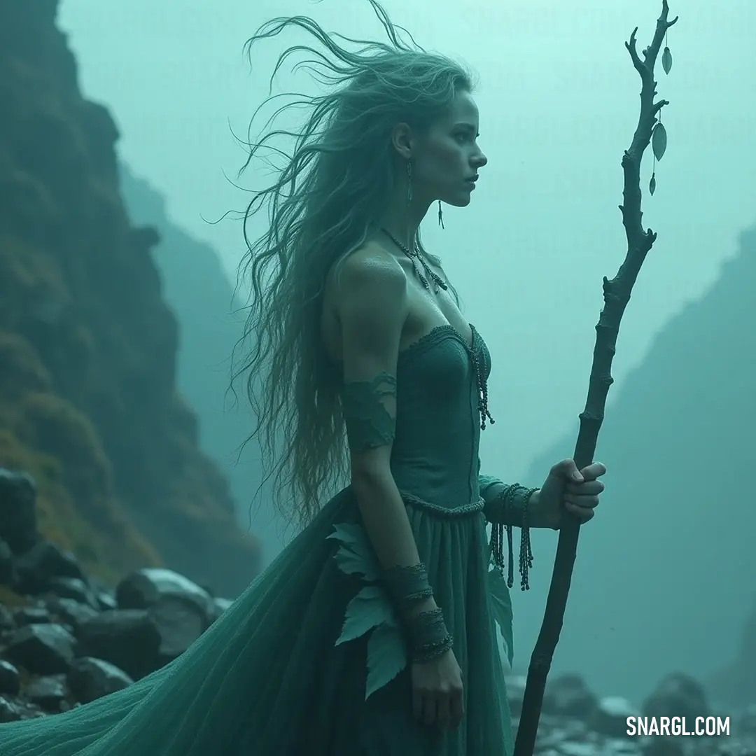 Zephyra, clad in a vibrant green dress, firmly grasps a slender stick as she explores a rugged landscape, with majestic mountains towering in the background, evoking a spirit of adventure and resilience.