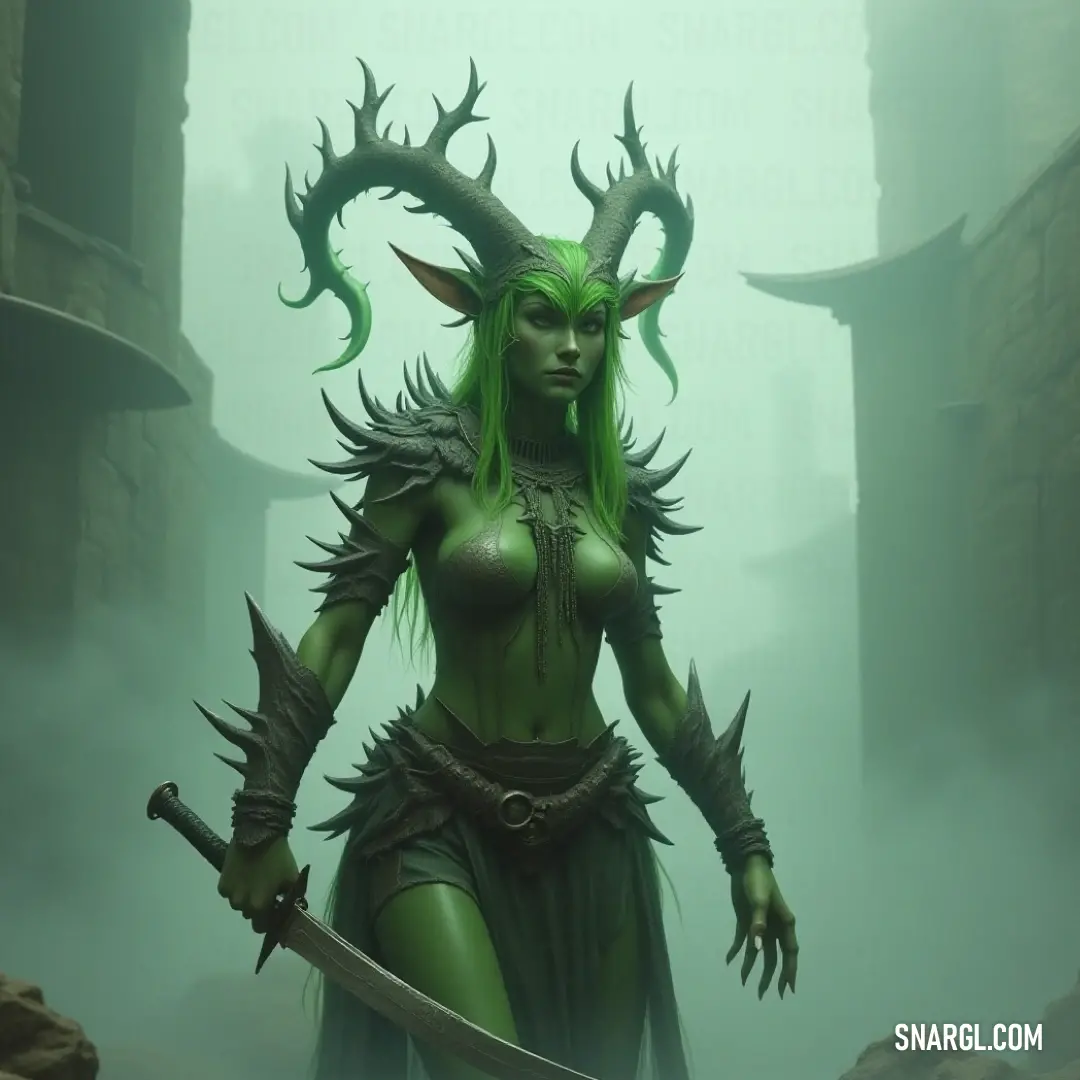 A formidable figure, adorned with horns and armed with a sword, navigates the mysterious fog, echoing tales of adventure and ancient secrets waiting to be unveiled. A powerful figure, crowned with horns, grips her sword tightly as she navigates a foggy landscape, with an ancient building lurking in the background, hinting at a world steeped in mystery and adventure.