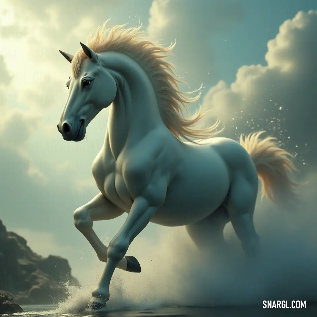 The lively White Zephyrus runs through the water, its graceful silhouette and exuberance creating a mesmerizing scene of energy and playfulness. White Zephyrus dashes through the clear water, its elegant form splashing playfully as water droplets shimmer like diamonds in the sunlight, showcasing its joyous spirit.