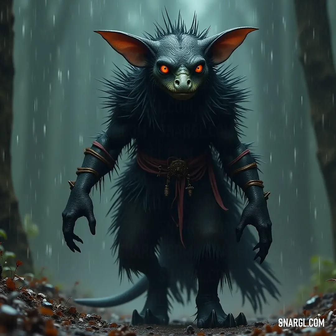 In a woodland setting, Zerk, with striking red eyes and a sleek black outfit, blends seamlessly into the forest, surrounded by a carpet of autumn leaves, exuding an air of mystery and allure.