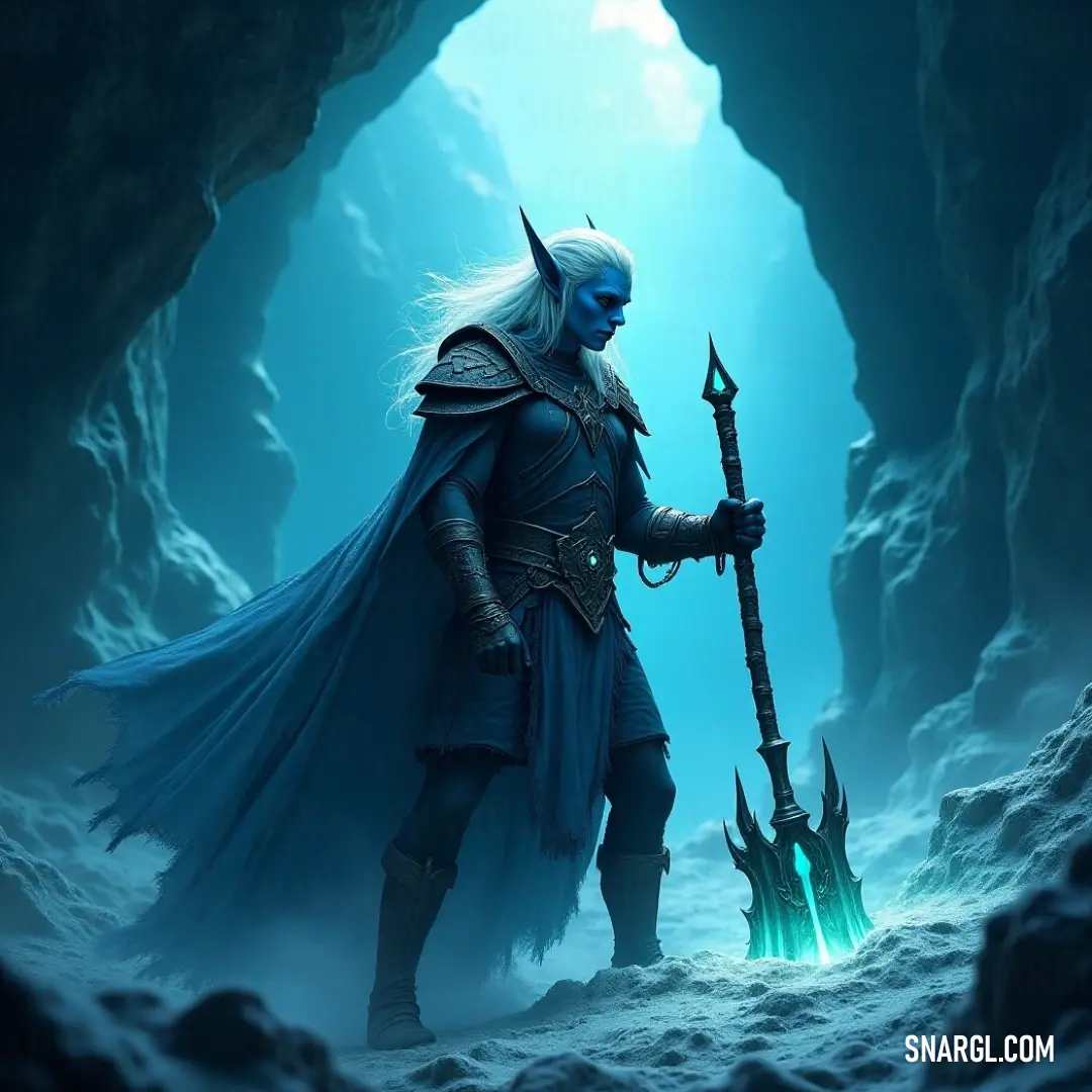 In a dimly lit cave, a formidable warrior wearing a flowing blue cape grips a gleaming sword with resolve. The soft blue glow surrounds them, creating a mystical atmosphere that hints at secrets hidden deep within the shadows of the stone walls.