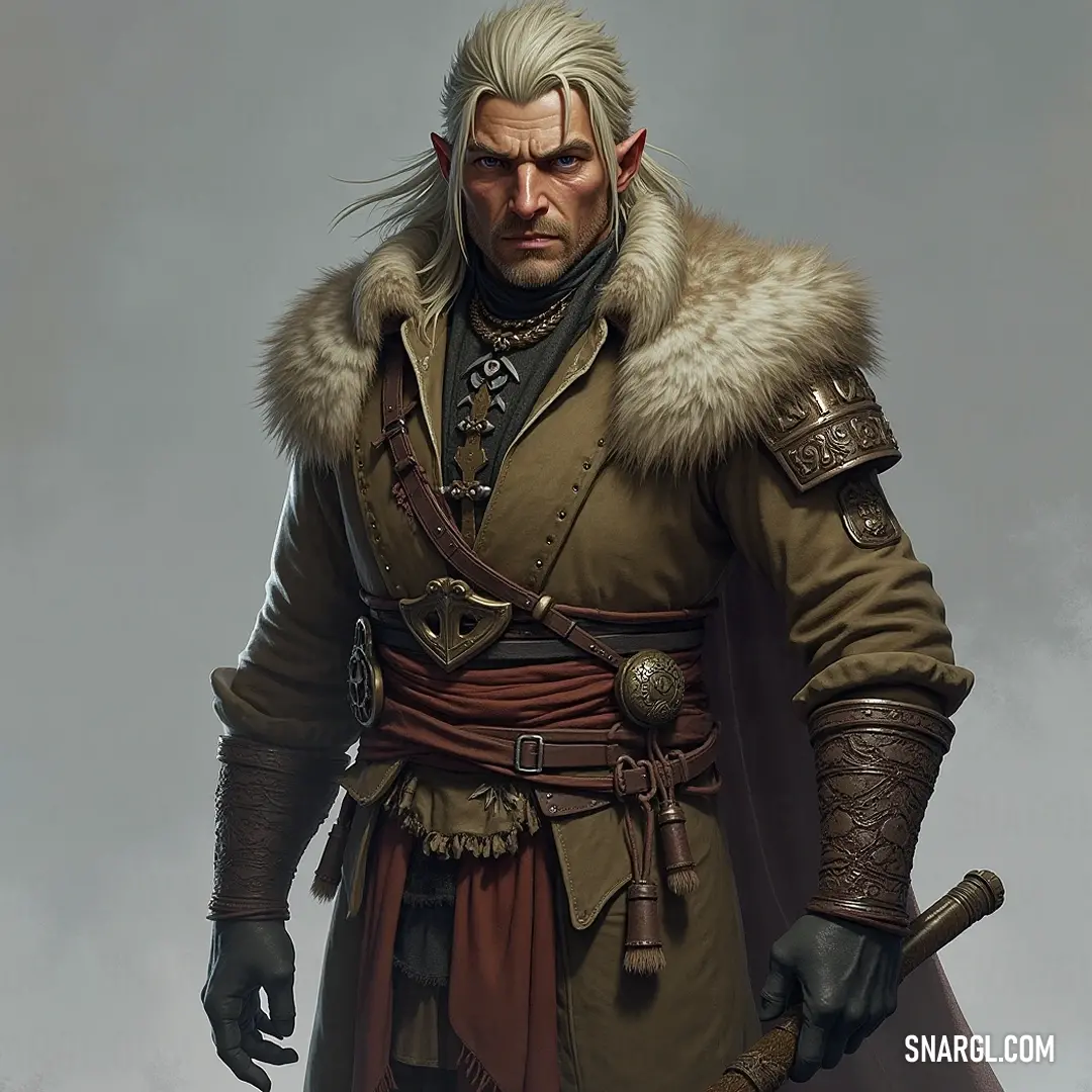 A figure in a luxurious fur-lined coat stands strong amid a snowy landscape, sword in hand, ready to face any challenge. In a striking scene, a figure adorned in a distinguished fur-lined coat holds a majestic sword firmly, embodying strength and elegance as the soft snow blankets the ground around them, exuding both beauty and power.