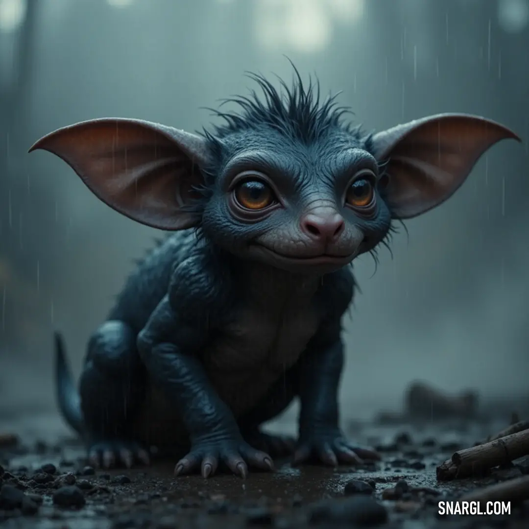 A baby gremo on a rainy day, wide-eyed and curious, exploring the wonders of a wet world. On a rainy day, a baby gremo, with wide-open eyes and ears alert, stands upon wet ground, its fur glistening with raindrops while a soft shower creates a serene ambiance, evoking a sense of innocence and curiosity in nature's embrace.