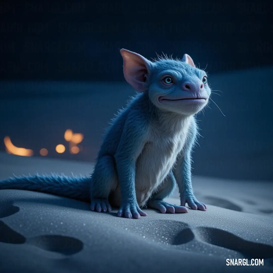 A serene blue creature resting on a sandy beach at night, illuminated by soft light in the background. A serene blue creature rests on a sandy beach, illuminated by a soft glow from a distant light source, under a starry night sky that reflects upon the gentle waves.