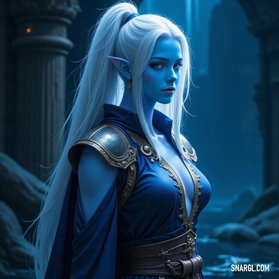 An imposing guard in a striking blue ensemble, complete with a flowing cape and white hair, exudes strength and elegance as she stands poised, horns accentuating her fierce gaze.