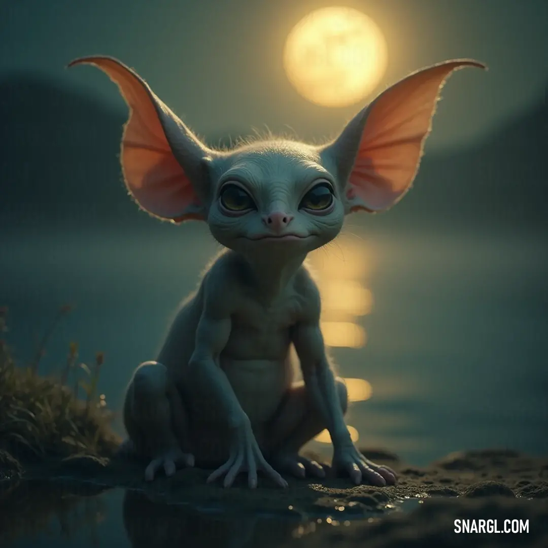 A small Zingo, characterized by its oversized ears, playfully explores a serene beach under the luminous moonlight, casting playful shadows on the shimmering sand.