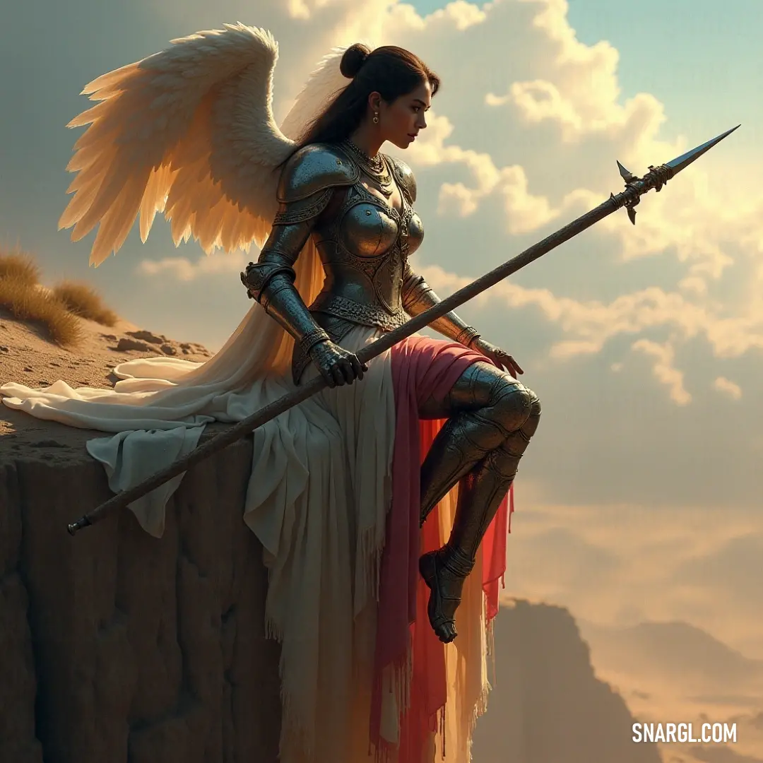 Zinnia, a brave spirit with wings, poised on a cliff, wielding a sword against the vast sky. Zinnia, a graceful warrior, stands defiantly on the edge of a rugged cliff, her elegant wings stretching wide. Clutching a gleaming sword, she gazes into the horizon, ready to embark on an adventure full of danger and discovery.