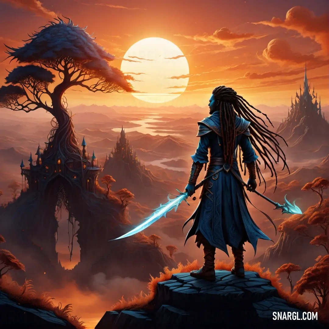 Man with dreadlocks standing on a hill with a sword in his hand and a sunset in the background