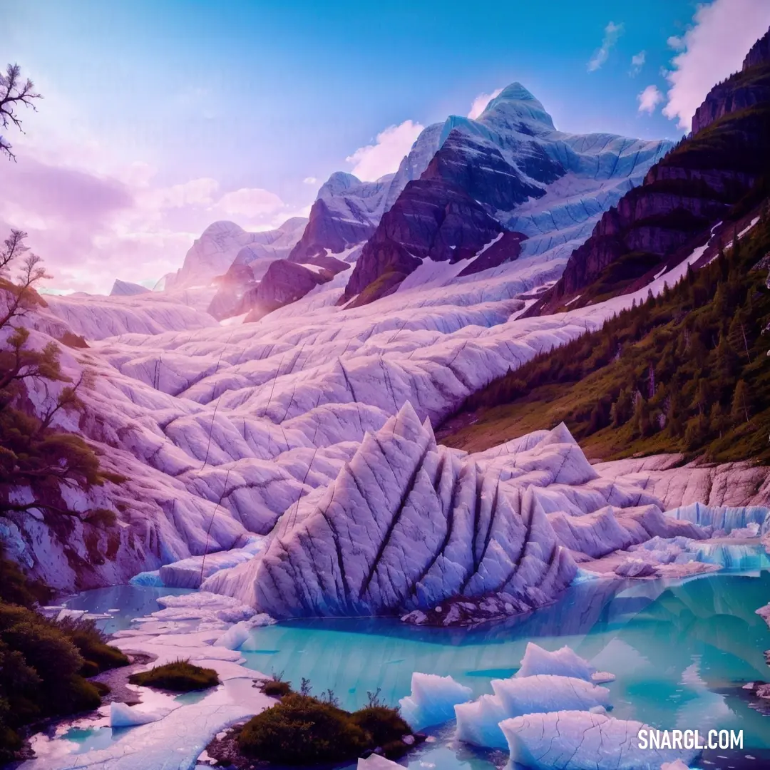 Mountain landscape with ice and snow in the foreground. Example of RGB 44,22,8 color.