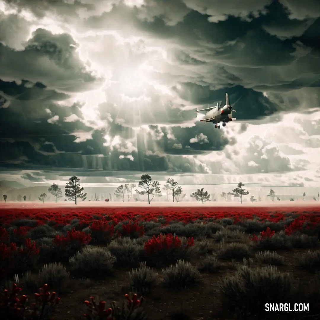 Plane flying over a field of red flowers under a cloudy sky with sunbeams and clouds above. Color Zinnwaldite.