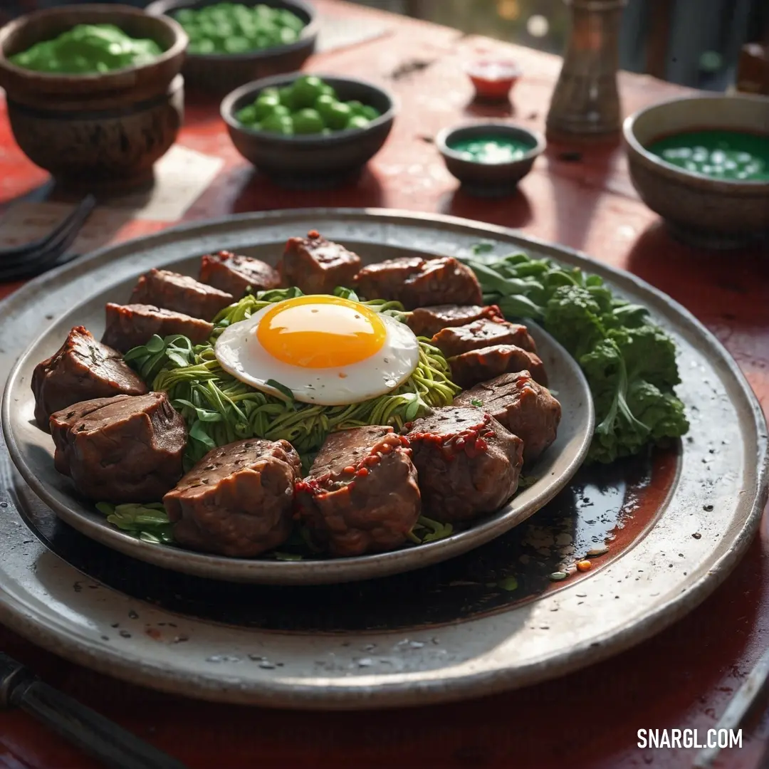 Plate of food with meat and an egg on top of it on a table with other dishes and utensils. Color RGB 44,22,8.