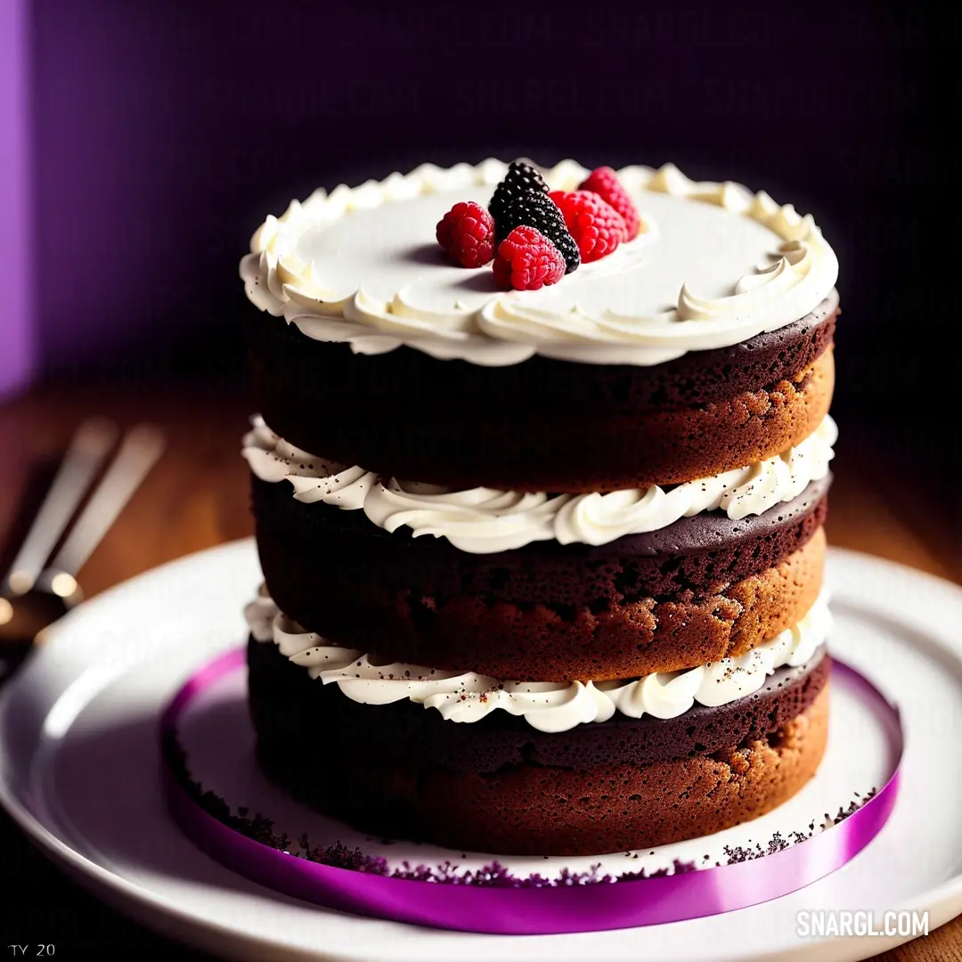 Three layer cake with white frosting and raspberries on top of it on a plate with a fork. Color RGB 44,22,8.