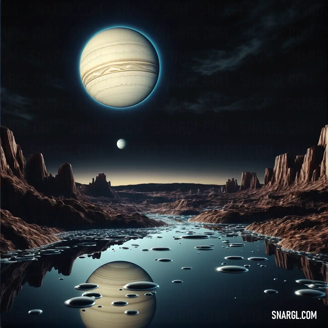 Painting of a planet and a moon in the sky above a river with ice and water on the ground. Color Zinnwaldite.
